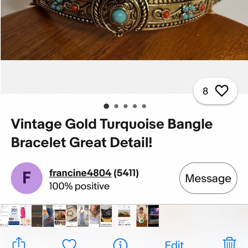 Gold-Tone Turquoise & Coral Accent Bangle Bracelet. - Picture 8 of 9